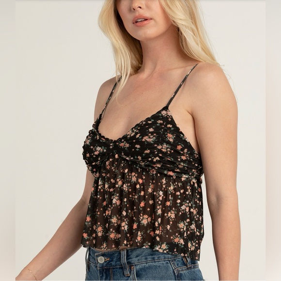 Mesh Floral Cami with V-neckline featuring lace trim - Picture 2 of 9